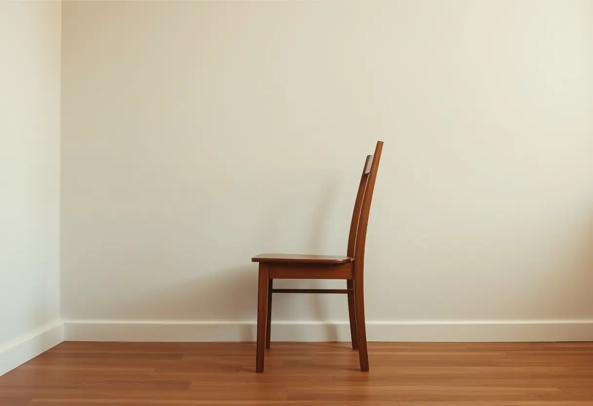 Un fauteuil en bois se trouve seul dans une pièce calme, ses lignes simples et sa construction solide symbolisant stabilité et soutien