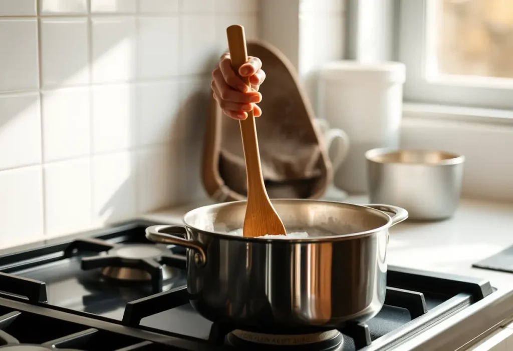 Main dans une cuillère en bois au-dessus d'une marmite sur la cuisinière, estime de soi