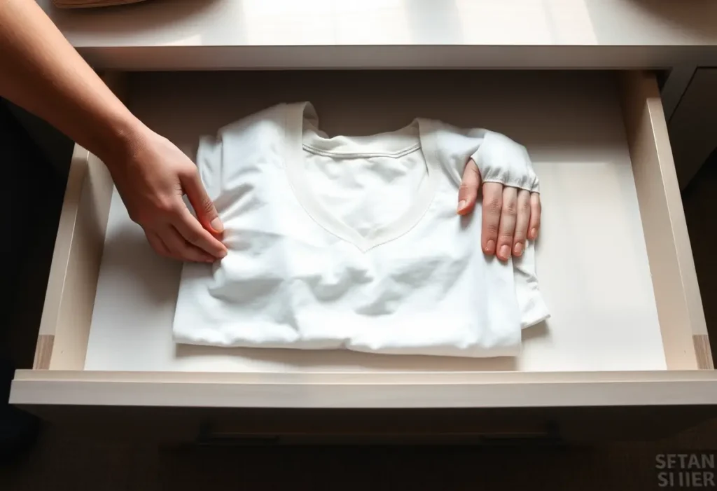 Des mains plient avec soin un tee-shirt en coton dans un tiroir de commode, illustrant la prise en charge de soi et la valeur de l’ordre intérieur.