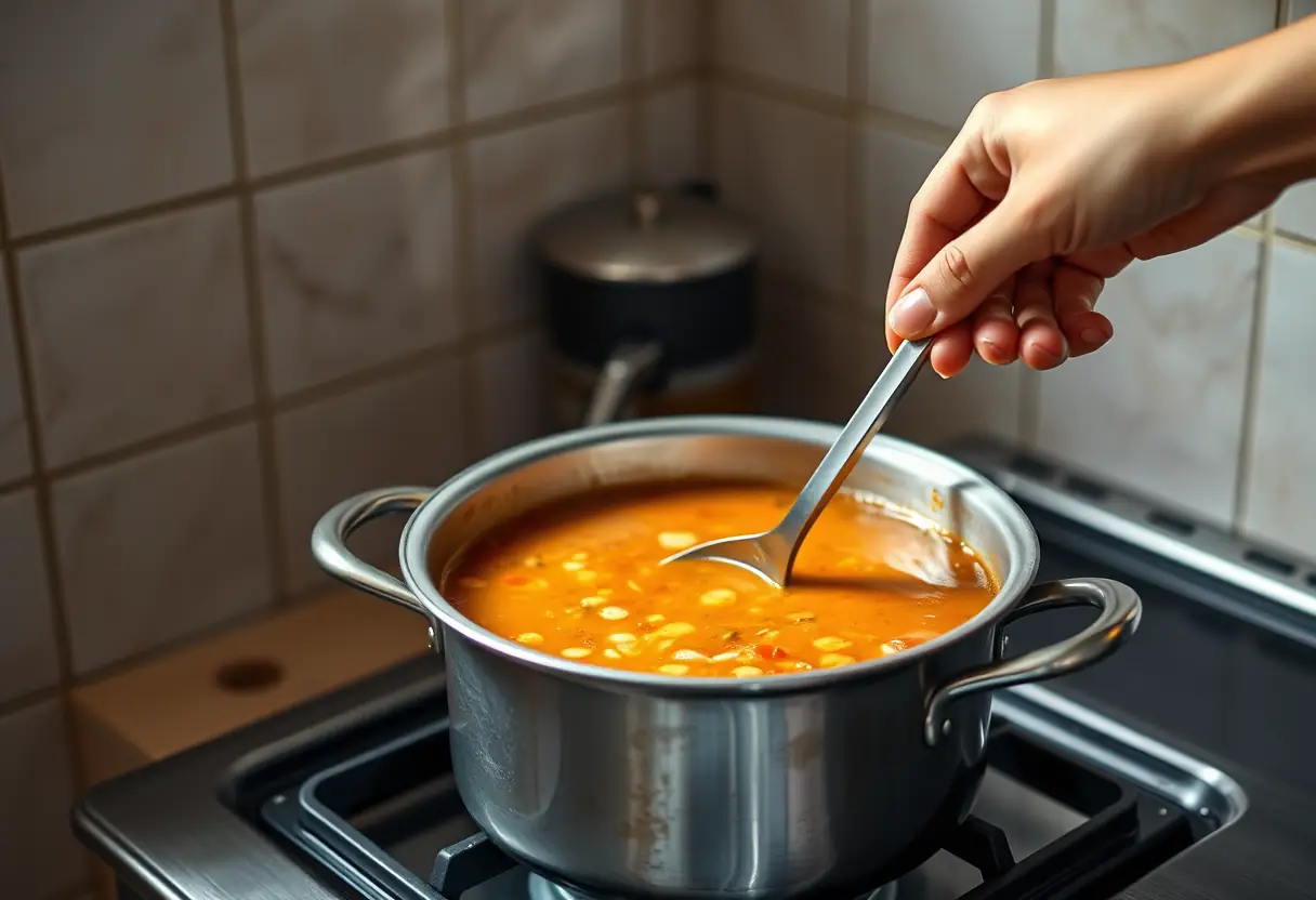 Une main qui remue une marmite de soupe mijotante sur un réchaud dans une cuisine accueillante, émettant une agréable odeur chaude et réconfortante.