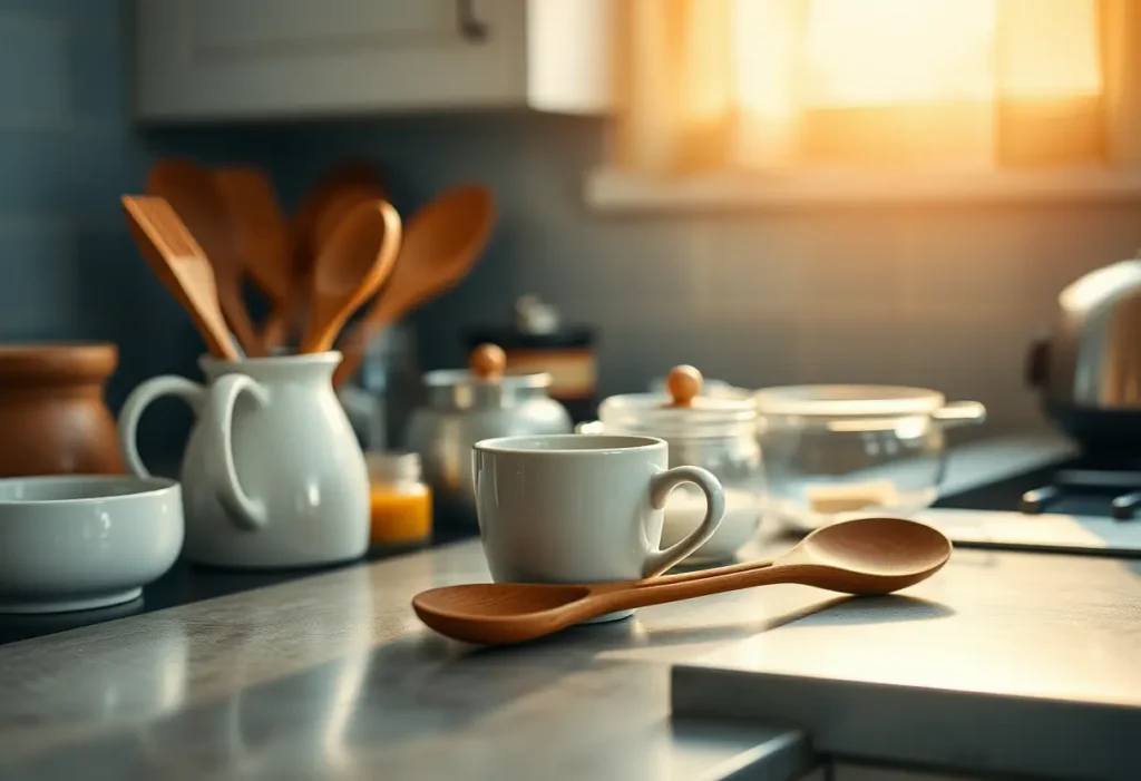 Un plan de travail de cuisine avec divers ustensiles, représentant les routines quotidiennes et la quiétude.