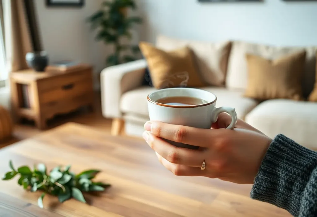 Une main tenant une tasse de thé aromatique posée sur une table en bois, dans un salon accueillant. Le soin du corps reflète l'amour pour soi.