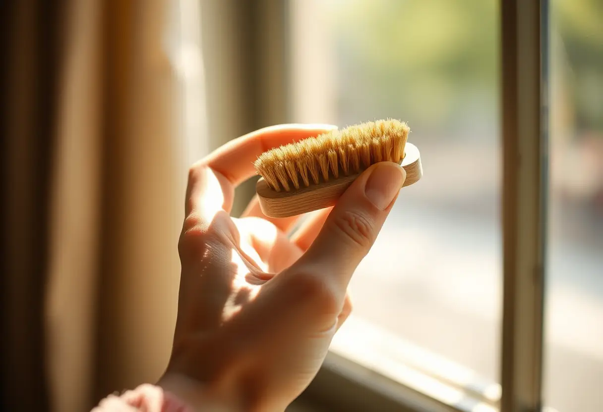 Une main féminine tient délicatement un pinceau en bois. La lumière naturelle souligne la douceur de cet objet ordinaire.