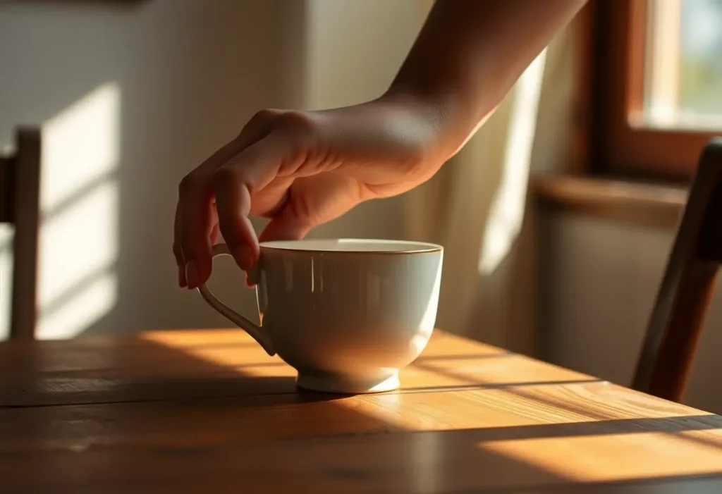 Une main posant délicatement une tasse en porcelaine sur une table en bois, évoquant la bienveillance et l'estime de soi.