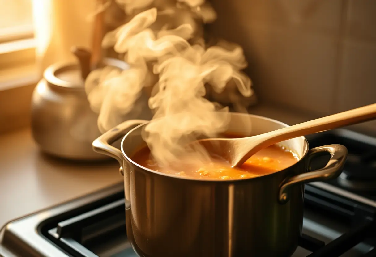Une cuillère en bois qui remue une marmite de soupe chaude, symbolisant la chaleur et le réconfort dans le cadre de l'estime de soi.