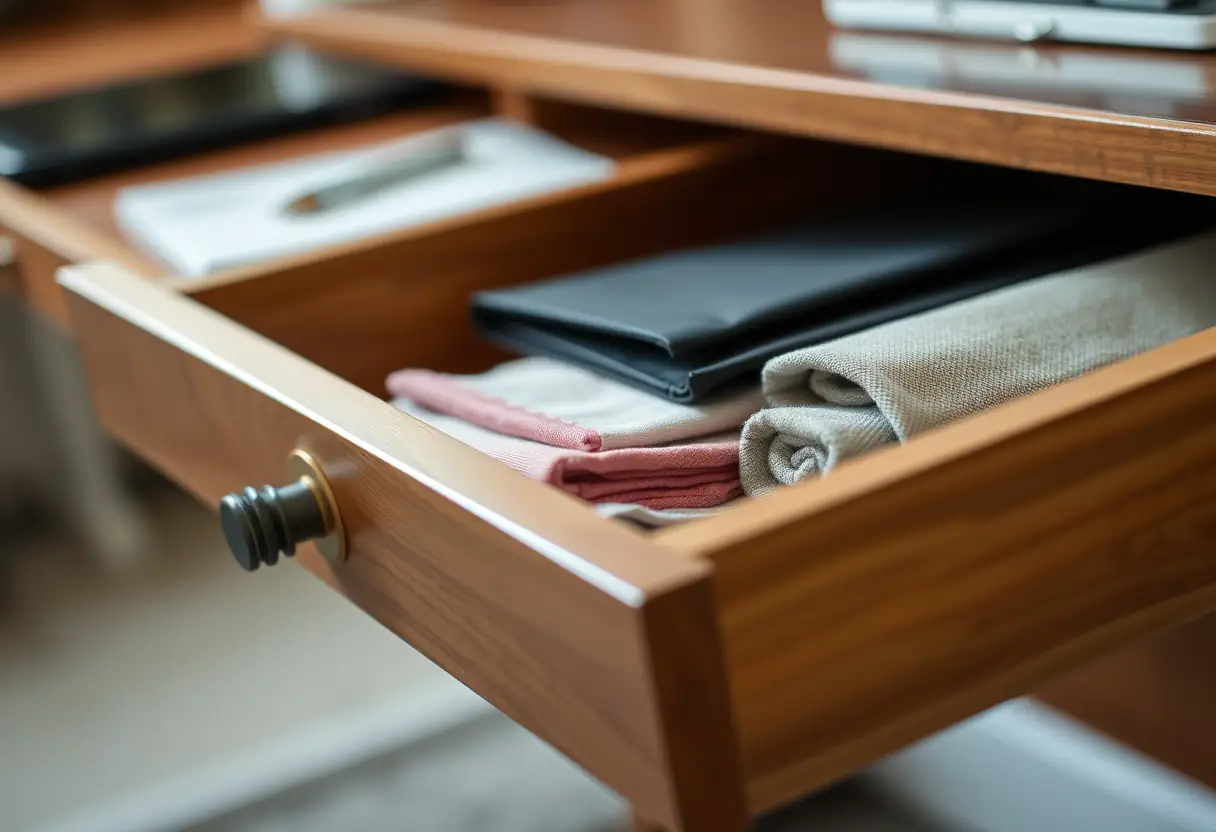 Illustration principale : un tiroir en bois partiellement ouvert sur un bureau, contenant des objets pliés avec soin, symbolisant l'organisation et la prise en charge de soi-même.