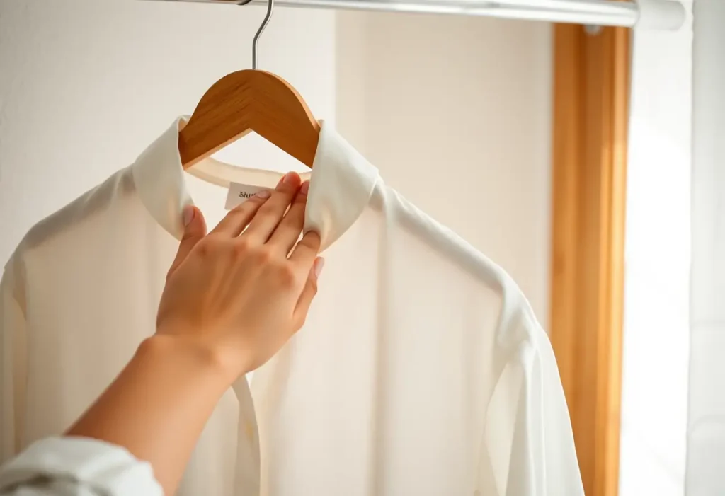 Une main lisse le tissu d'une chemise en coton dans un placard, symbolisant l'acceptation de soi.