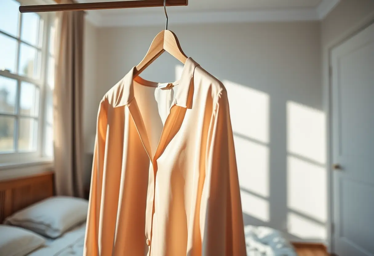 Un cintreuse en bois supporte une chemise en soie dans une chambre baignée de lumière