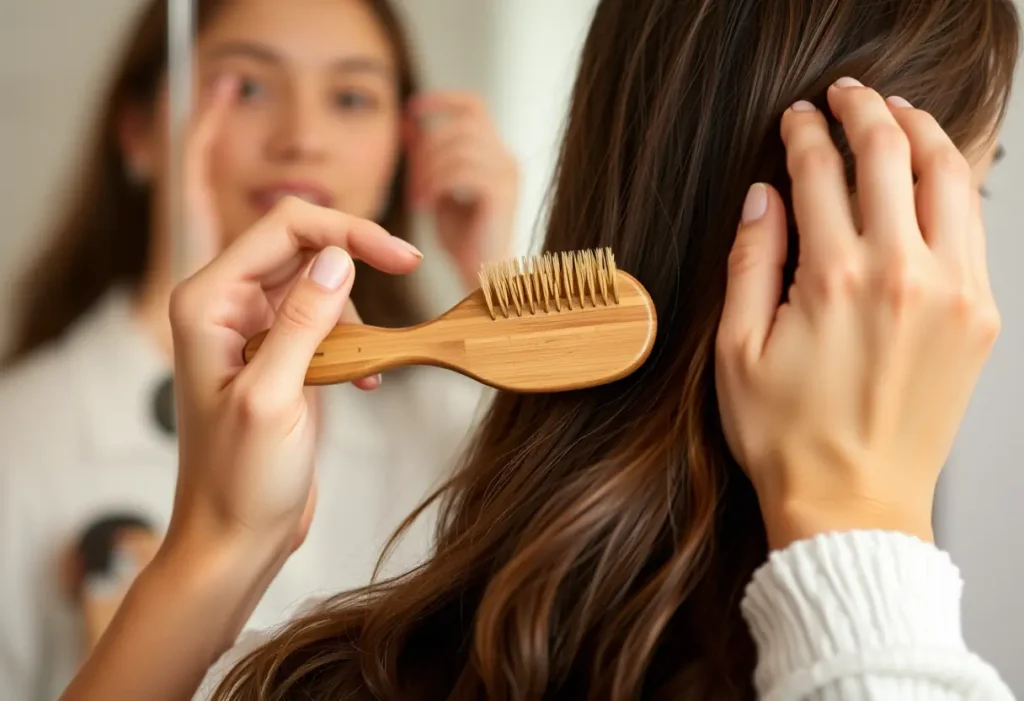 Une main tenant un pinceau en bois, en train de brosser les cheveux, symbole de soin personnel