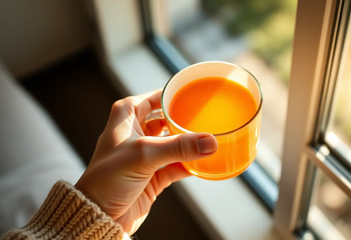 Une main féminine tenant une tasse de thé chaud, symbolisant le soin de soi