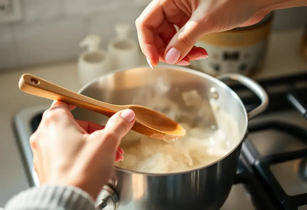 Main focus sur une cuillère en bois dans une cuisine, symbole de soin personnel.