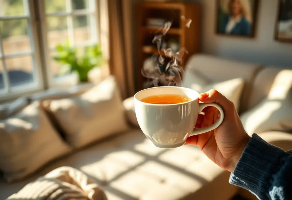 Une main tenant une tasse de thé herbeux dans une pièce accueillante, chaleureuse ambiance