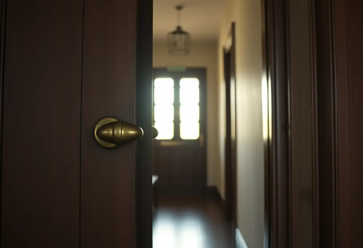 Une porte en bois avec poignée en laiton entrouverte, lumières tamisées provenant de l’intérieur