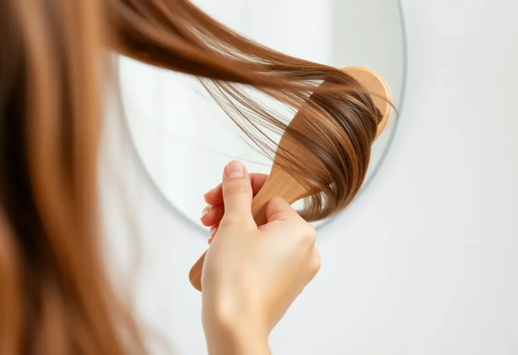 Une main tenant un pinceau en bois brossant doucement les cheveux, reflétant l'auto-compassion