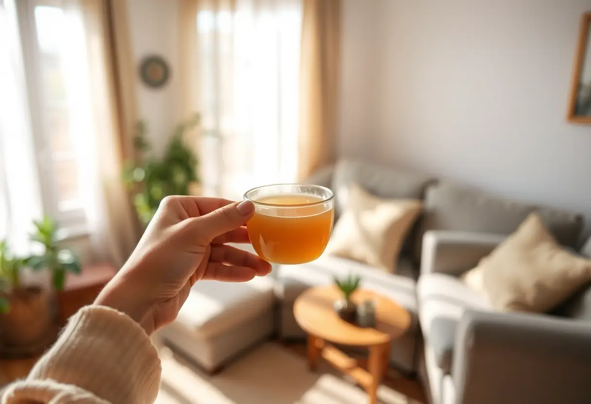 Une main tenant une tasse de thé chaud dans un salon accueillant, favorisant la sérénité et l'estime de soi