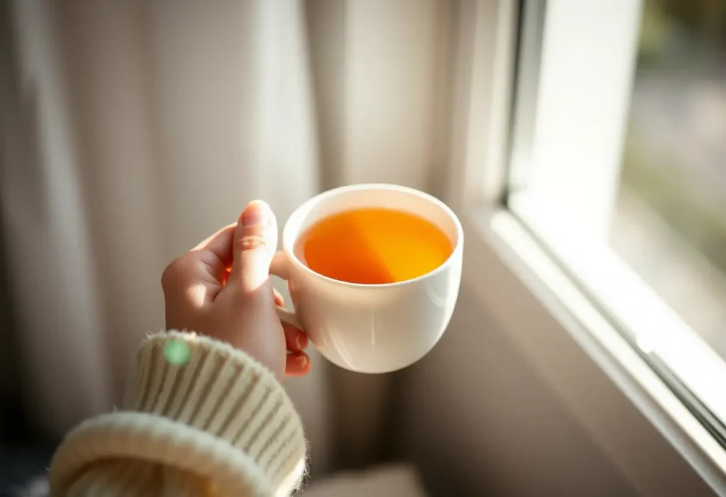 Une main tenant une tasse de thé chaud, apportant chaleur et bien-être