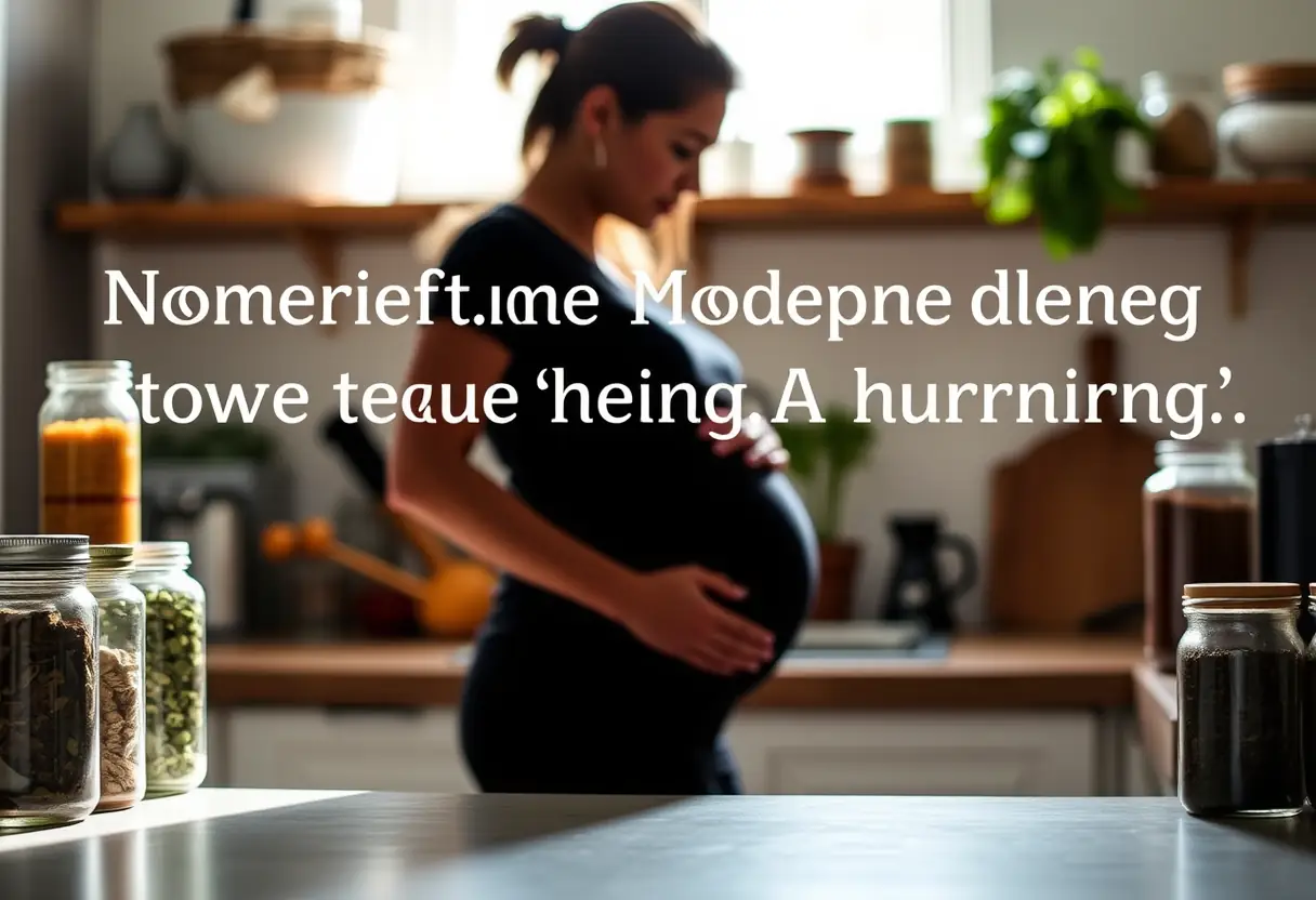 Une femme dans une cuisine entourée d'épices et d'herbes, symbolisant l'importance de l'alimentation