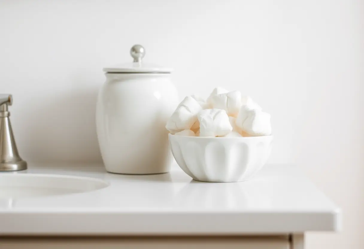 Un évier de salle de bain avec un pot en porcelaine blanche contenant des cotons-tiges