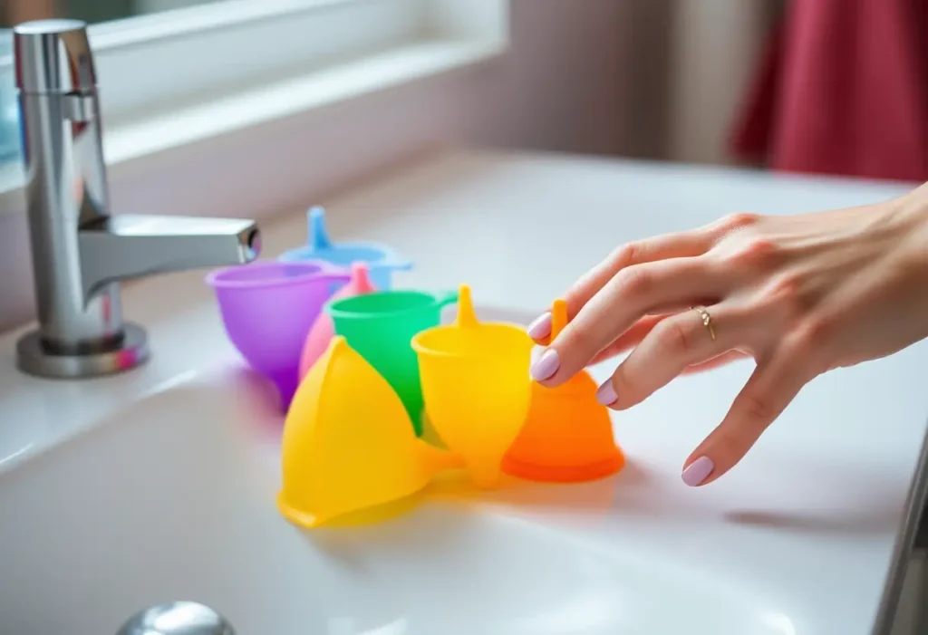 Une main arrange des coupelles menstruelles colorées sur une tablette de salle de bain