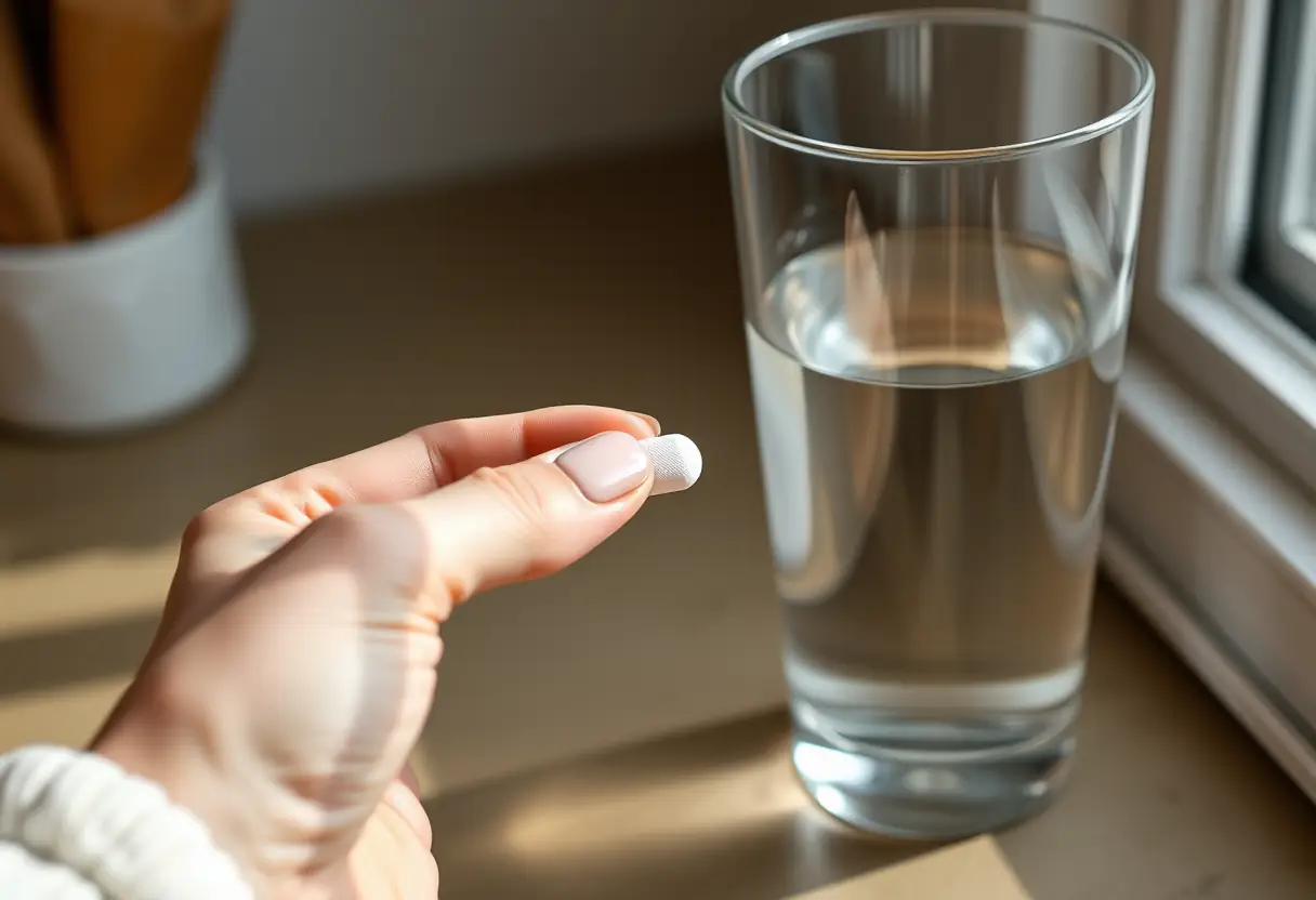 Une main féminine tenant une petite pilule blanche près d'un verre d'eau sur un comptoir cuisine, lumière naturelle