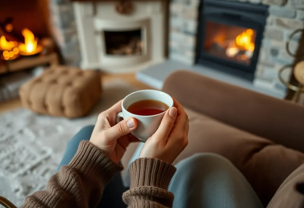 Des mains tenant une tasse de thé dans un salon confortable, avec une cheminée réchauffante.
