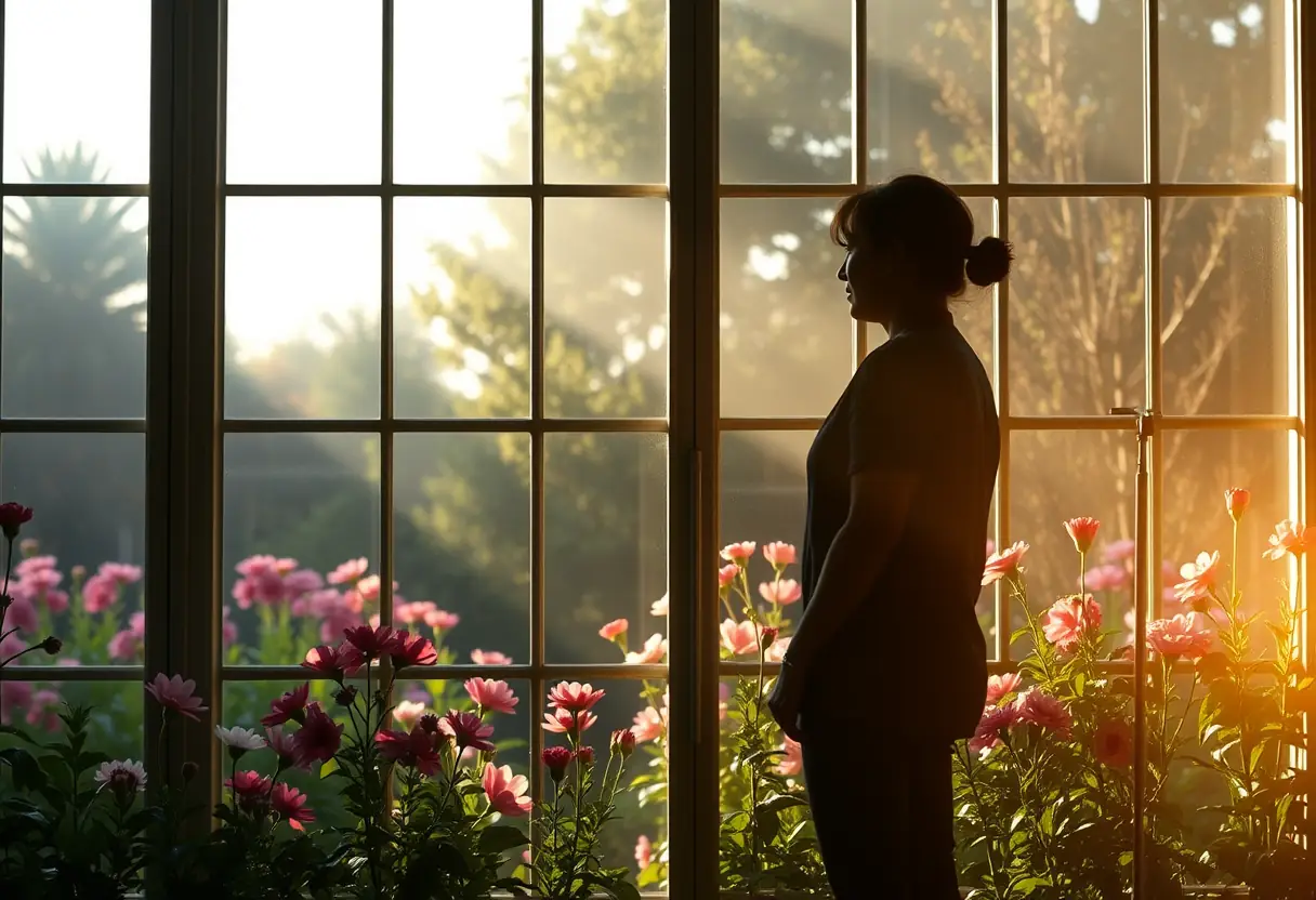 Un silhouetté devant une fenêtre donnant sur un jardin fleuri au petit matin.