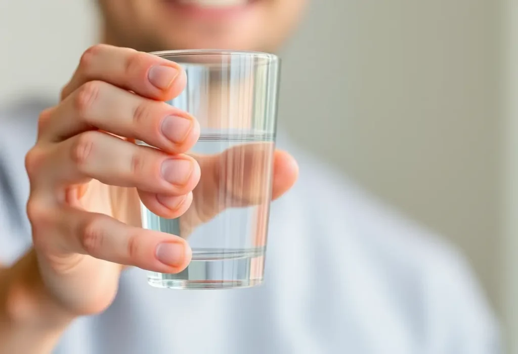 Une main d'homme tenant un verre en verre simple rempli d'eau, symbole de clarté et d'équilibre.