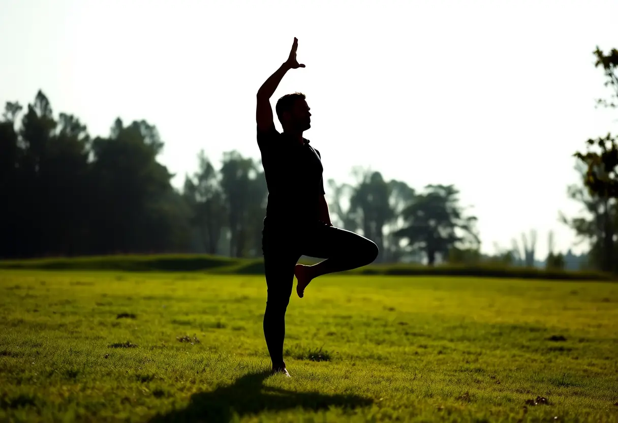 Un homme en silhouette pratiquant le yoga à l'extérieur, debout sur un champ d'herbe verte, entouré d'arbres, représentant l'harmonie et le bien-être.