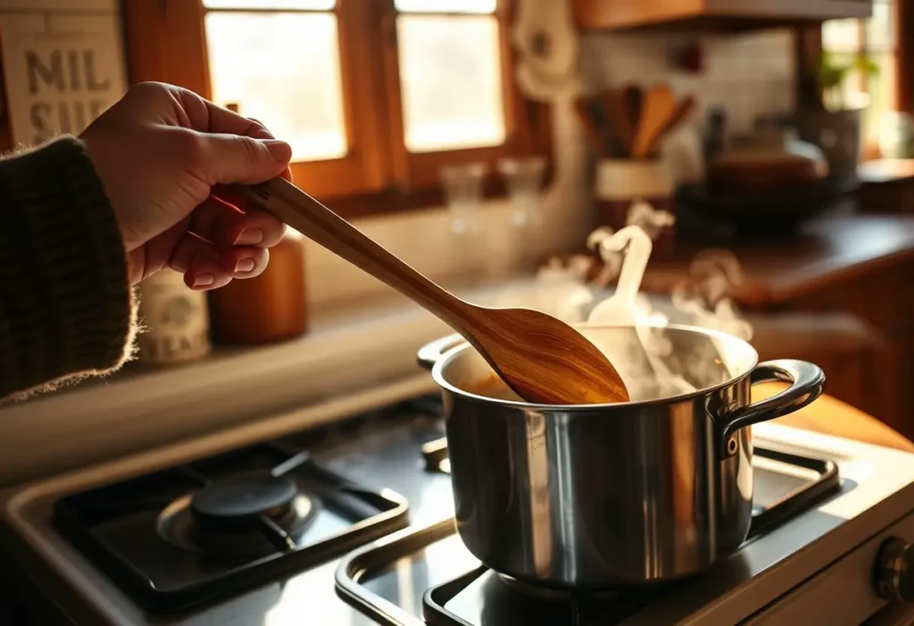 Une main tenant une cuillère en bois au-dessus d'une marmite dans une cuisine accueillante, évoquant le bien-être et la sérénité.