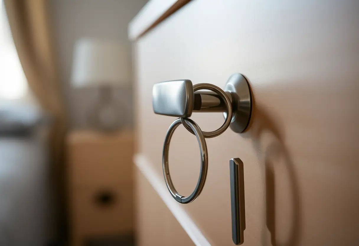 Un pousse-petit métallique attaché à un tiroir dans une chambre, reflétant la sécurité et l'organisation personnelle.