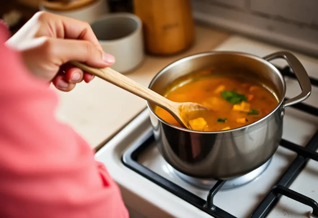 Main : Une main féminine tient une cuillère en bois en remuant une marmite sur une cuisinière, représentant la nourriture et l'attention.