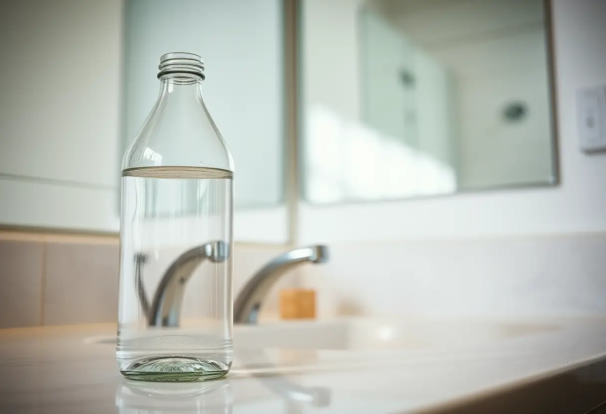 Texte alternatif : Bouteille en verre remplie d'eau sur un meuble de toilette, reflétant le miroir derrière, représentant la clarté et la réflexion.
