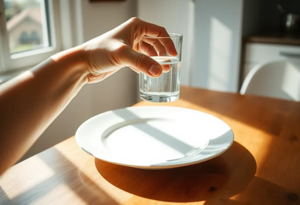 Une main tient un verre d'eau posé sur une assiette en porcelaine blanche dans une cuisine.