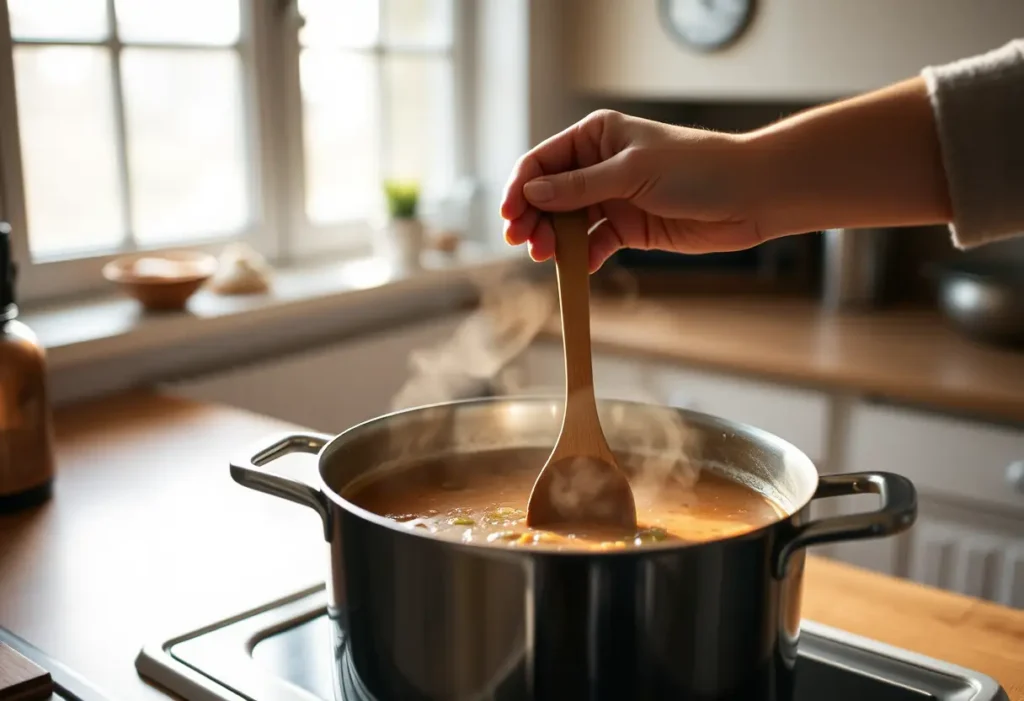 Une main féminine tenant une cuillère en bois près d'une marmite dans une cuisine accueillante, favorisant le bien-être et la sérénité.