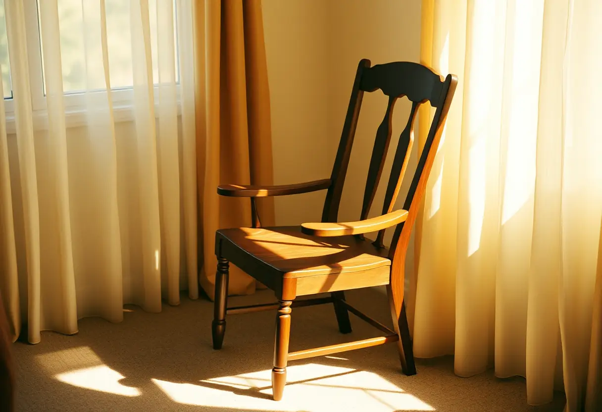 Un fauteuil en bois dans un coin de salon, invitant au repos et à la réflexion, dans une lumière douce et apaisante.