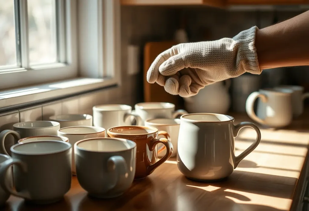 Un plateau de cuisine avec des tasses en porcelaine, représentant la sérénité quotidienne.