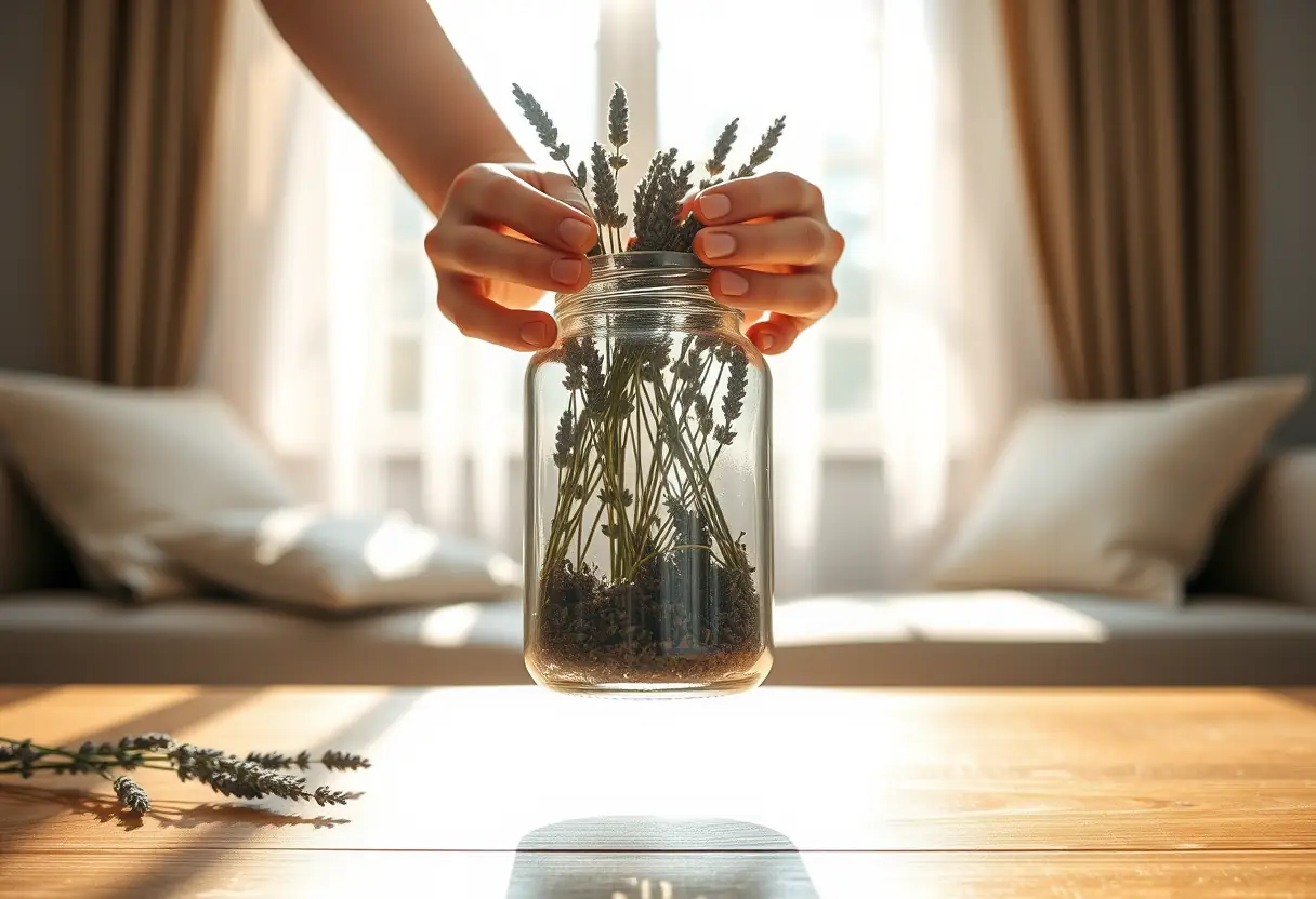 Des mains tenant une bouteille en verre remplie de lavande sèche, mettant en scène la détente et le soin de soi.