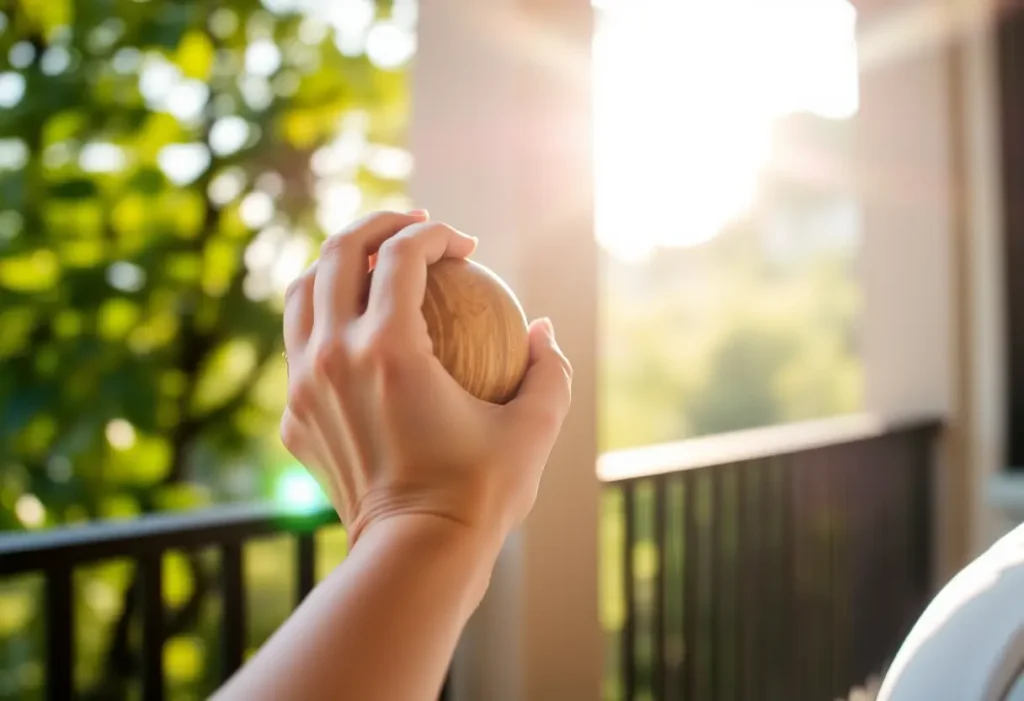 Main focus sur la main d'une femme tenant un petit ballon en bois