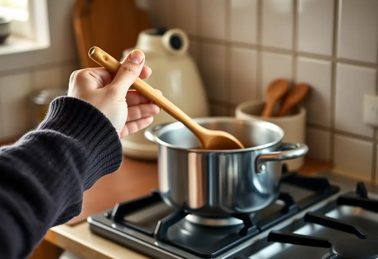 Une main féminine tient une cuillère de bois dans une cuisine chaleureuse, symbolisant la douceur de la vie quotidienne.