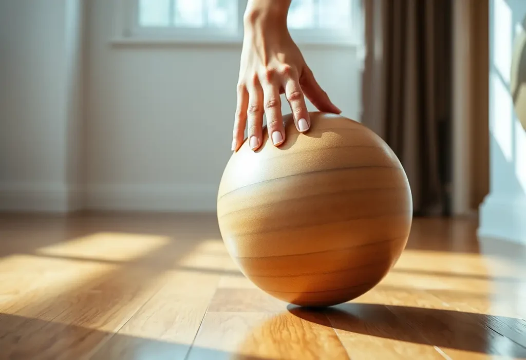 Main de femme tenant une balle d'exercice en bois, lumière naturelle