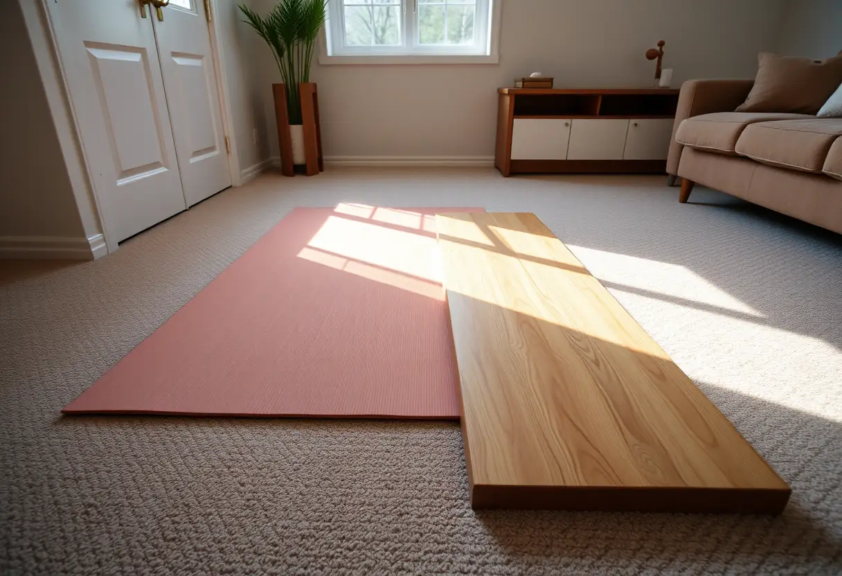 Tapis d'exercice en bois dans un salon, lumière du matin