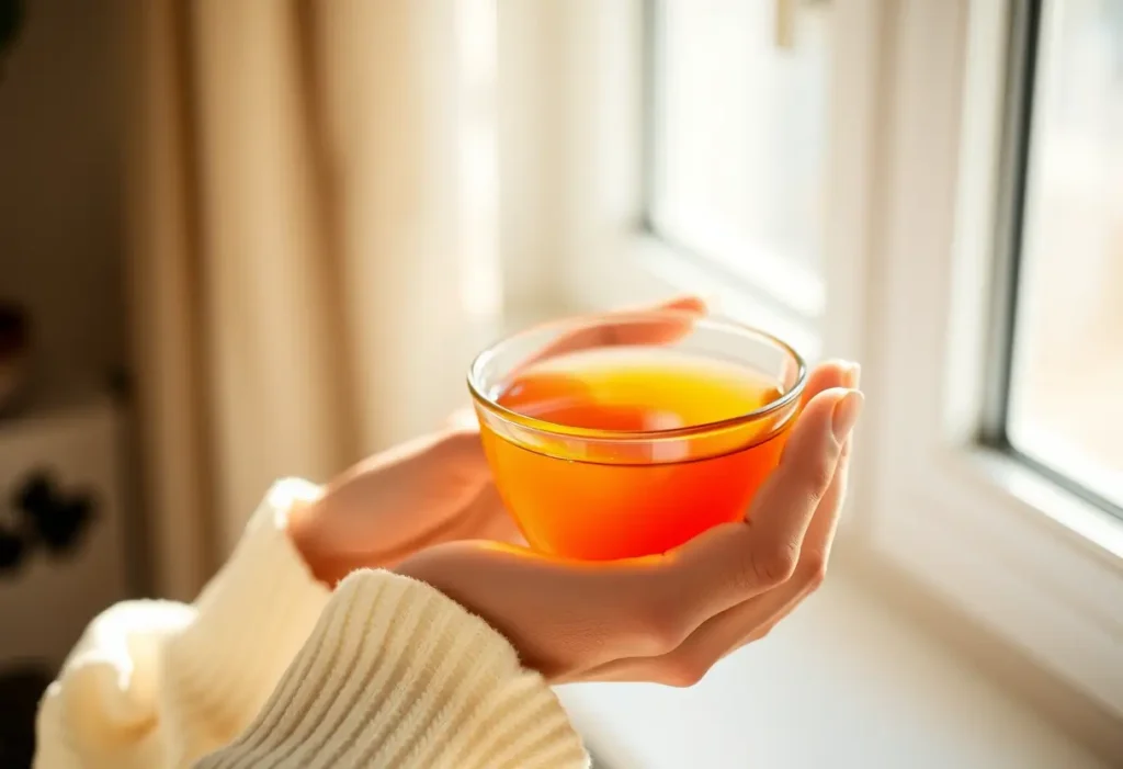 Une main féminine tient une tasse de thé chaud, apportant réconfort et bien-être.