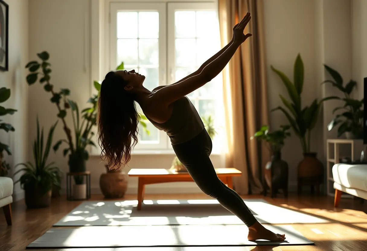 Silhouette d'une femme en train de faire du yoga dans un salon baigné de lumière naturelle, avec des plantes vertes en arrière-plan.