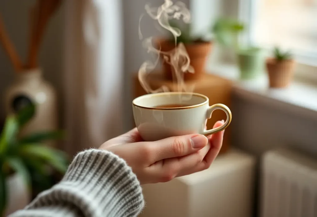 Une main tenant une tasse de céramique dans une atmosphère apaisante, illustrant la pratique des exercices de Kegel.