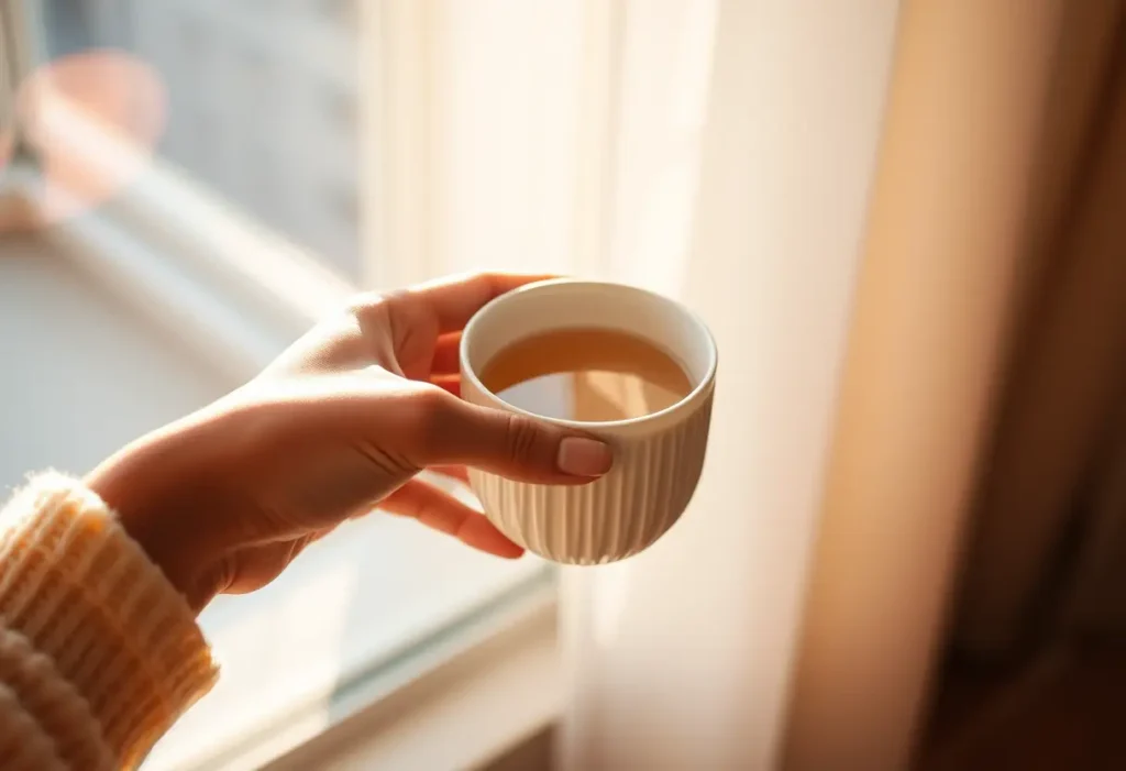 Une main féminine tenant une tasse d'eau chaude, apportant chaleur et confort