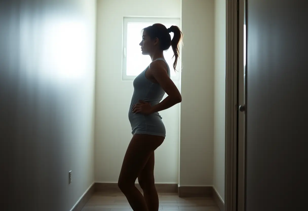 Le profil d'une femme pratiquant des exercices de plancher pelvien dans une salle de bains