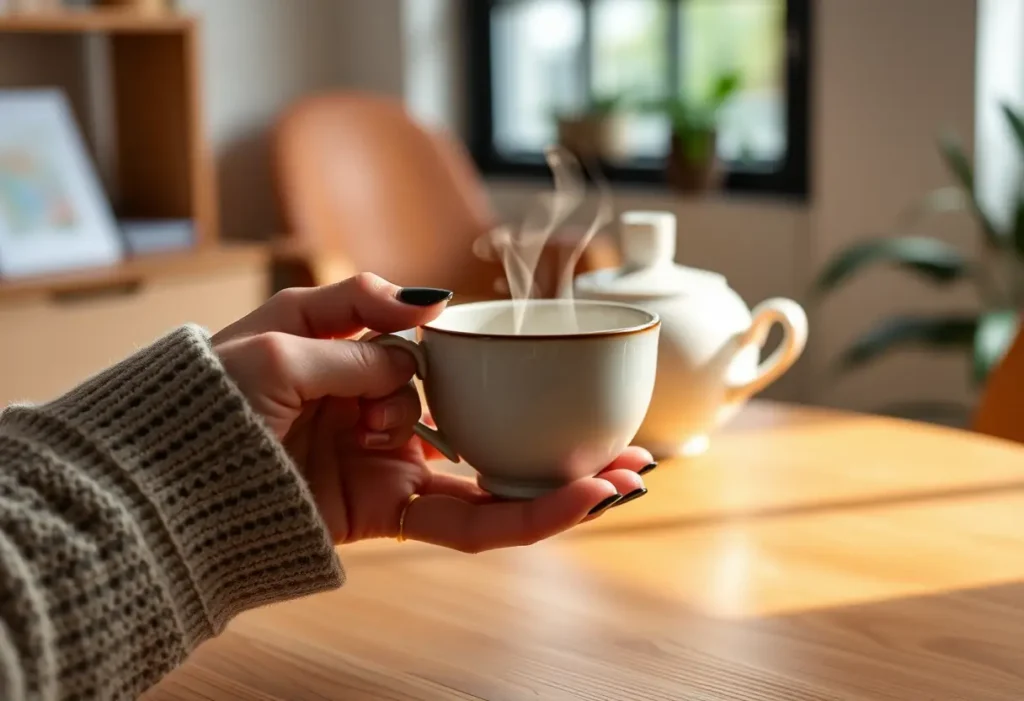 Une main féminine tenant une tasse en céramique dans un bureau accueillant
