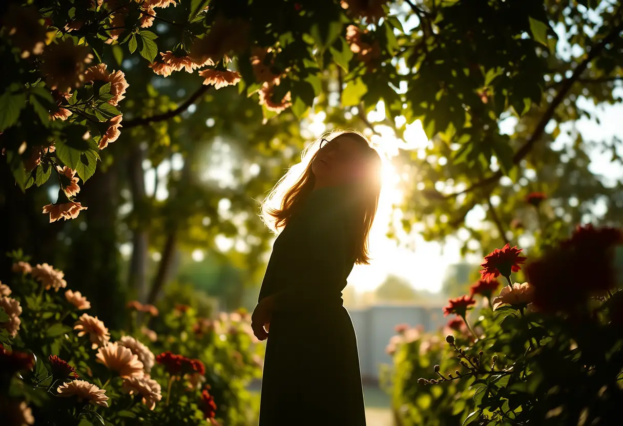 Une femme en silhouette dans un jardin ensoleillé entourée de fleurs en fleur