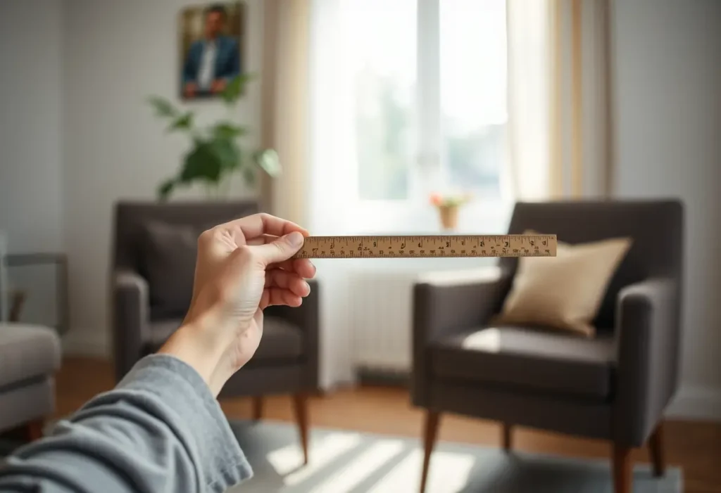 Main de femme tenant un règle en bois dans un salon, illustrant la régularité des exercices quotidiens.