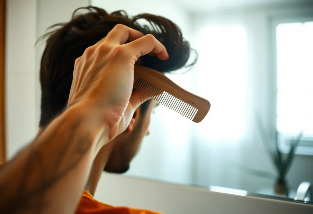 Une main tenant un peigne en bois devant un miroir de salle de bain